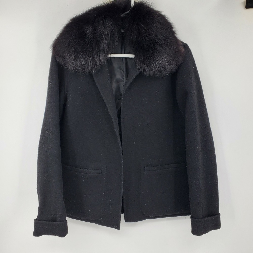 Carole Little‎ Womens XS Black 100% Wool Jacket Genuine Fox Fur Collar Peacoat